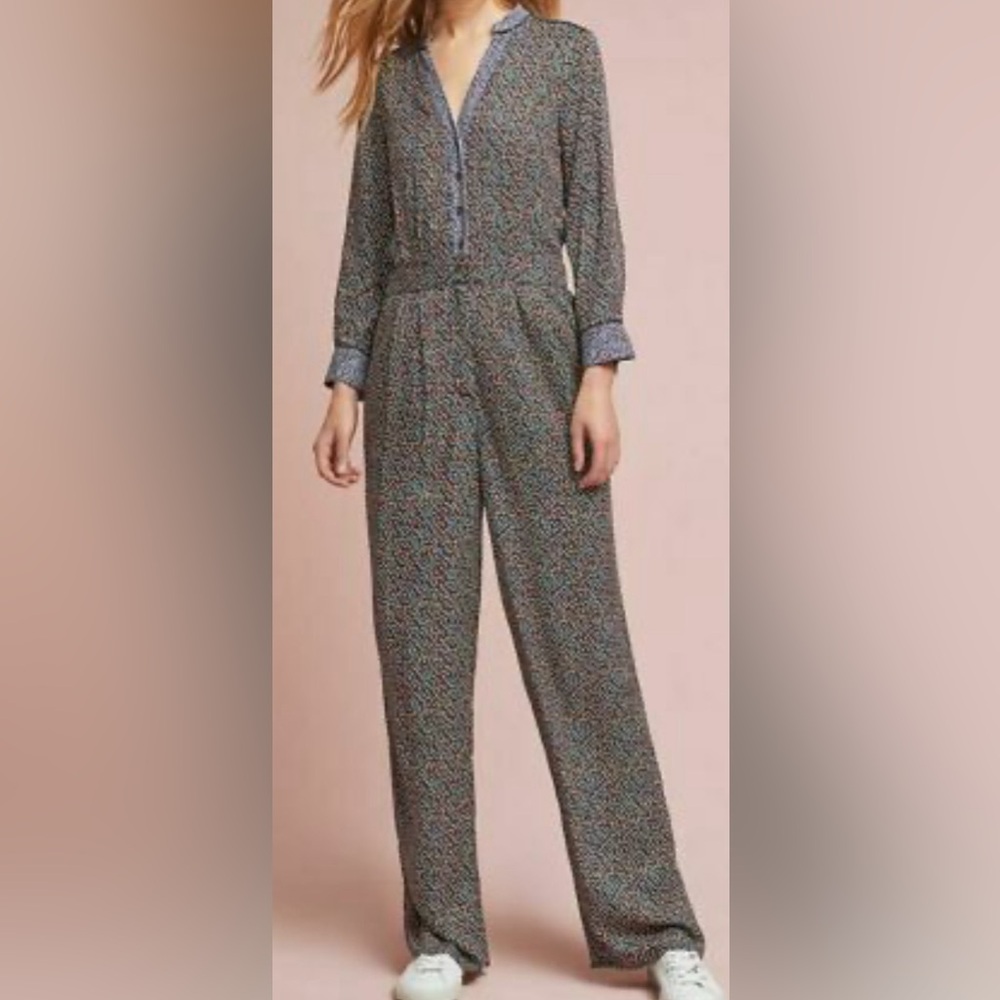 Anthropologie Ett Twa Christine Silken Jumpsuit Geometric Print‎ Size 2